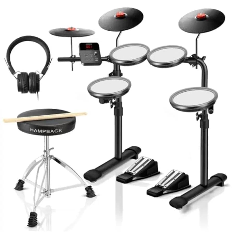 Batteria Elettronica MK-0 con Pad in Mesh Silenziosi da 7'', Piatti in Gomma Completi da 8'', 12 Kit e 68 Suoni Autentici, USB MIDI, Sgabello per Batteria