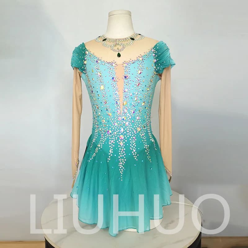 LIUHUO Abito per Pattinaggio Artistico su Ghiaccio per Ragazze Donne Adolescenti Elasticizzato in Spandex Verde Sfumato per Competizione Vendita all'Ingrosso BD7099