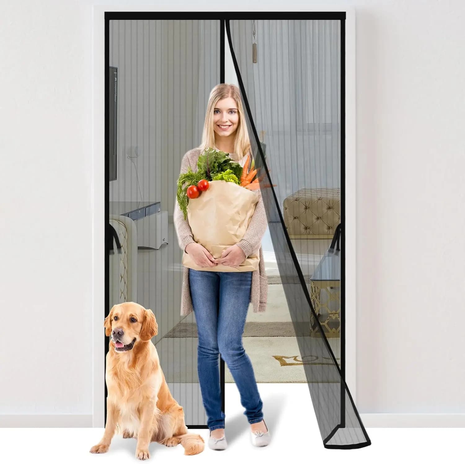 Zanzariera Magnetica per Porta 36x82 Pollici, Tenda a Rete Mani Libere Anti-Insetti, Chiusura Robusta con Ganci e Anelli, Adatta per Animali Domestici