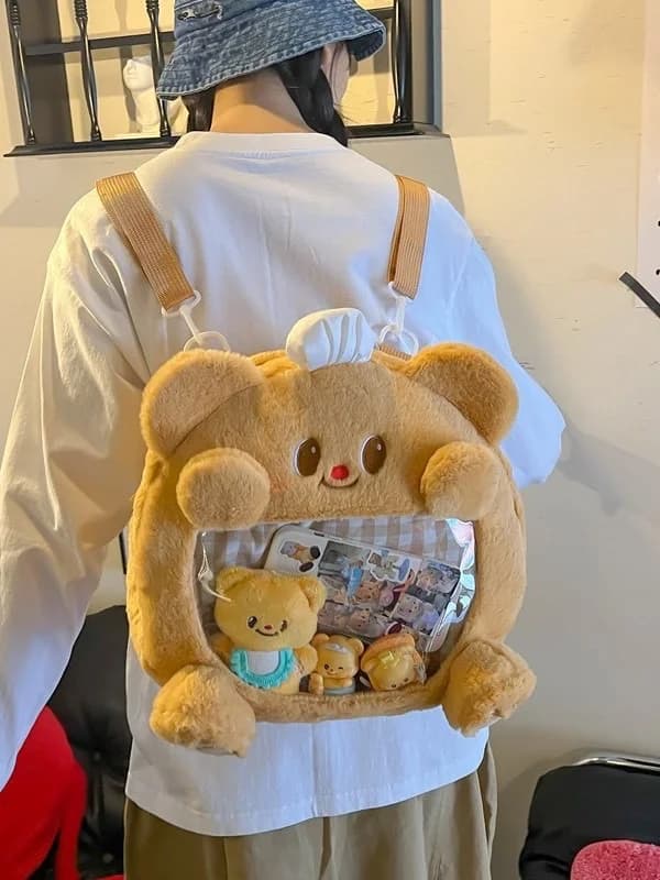 Borsa a Tracolla Orsetto Peluche da Donna, Zaino Morbido Ricamato in Vinile, Grande, Casual, Pieghevole, in Velluto