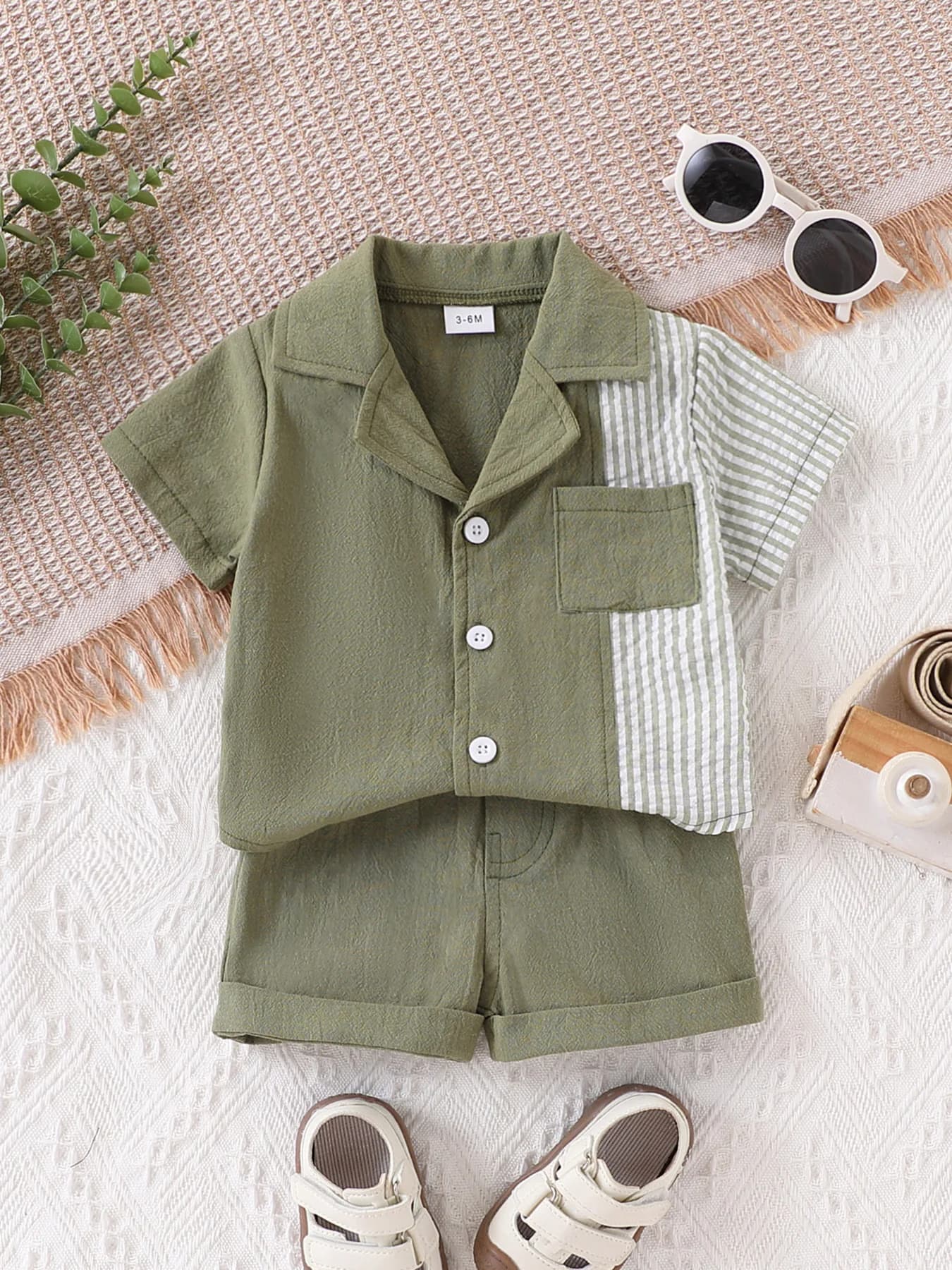 Baby Boy's Patchwork Striped Short-Sleeved Shirt and Shorts Set, Lightweight and Breathable, Summer Casual and Fashionable Outfit