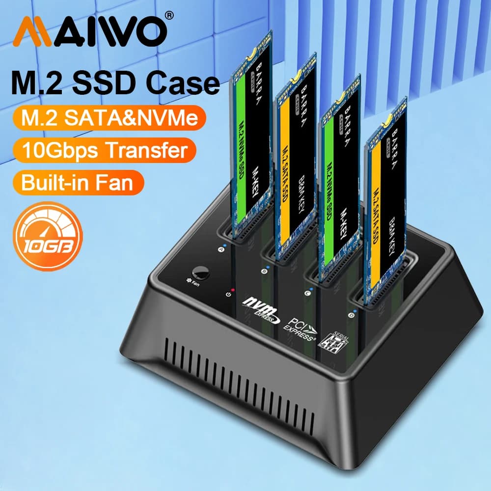 Docking station MAIWO M.2 Nvme a 4 alloggiamenti Chiave M/B Tipo-C Custodia M.2 da 10 Gbps Custodia SSD USB C NVME e NGFF HD esterno con ventola per PC