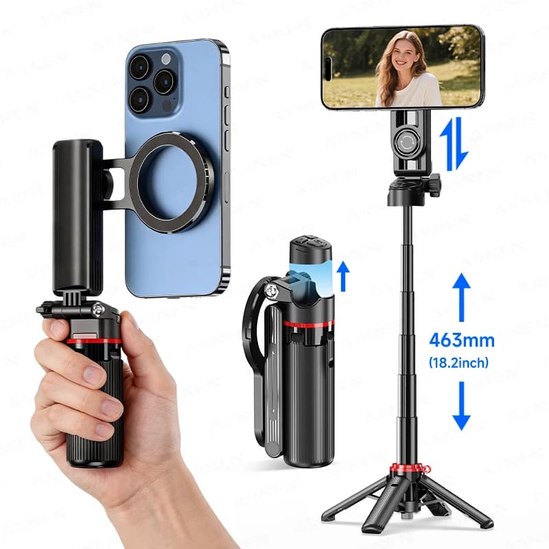 Mini Treppiede Magnetico per Selfie con Asta Estensibile, Telecomando Wireless, Opzione Luce di Riempimento, per Riprese Vlog con Smartphone