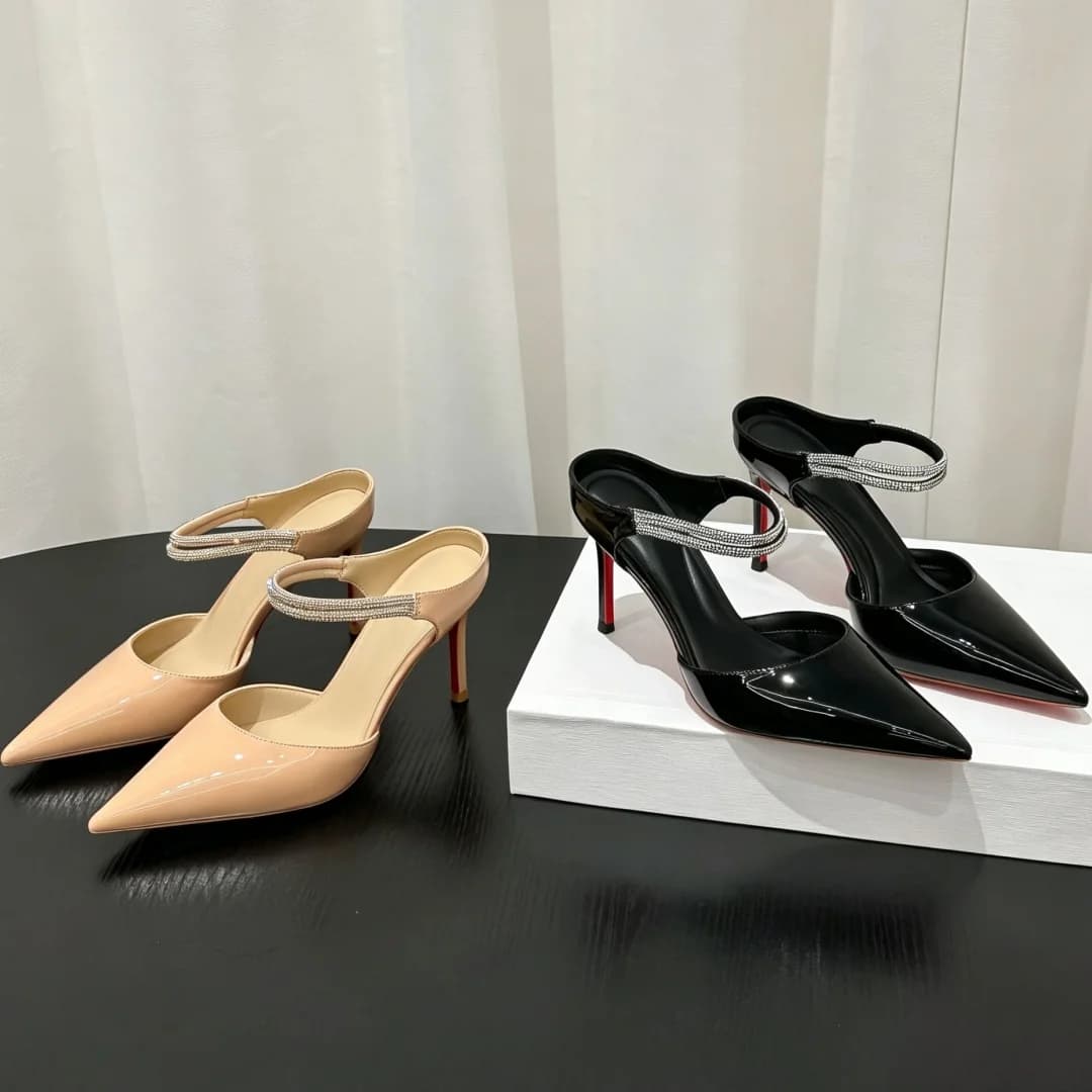 Women Patent Leather Pointed Toe Slingback Pumps Double Row Rhinestone Back Strap Stiletto Classic Red Sole Wedding High Heels