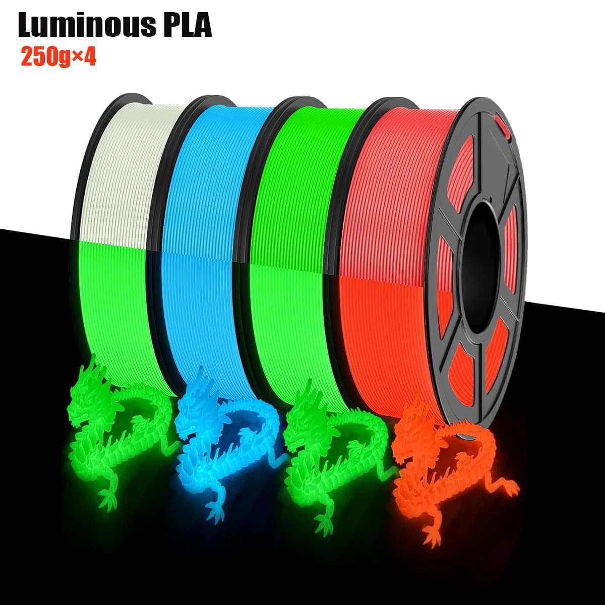 3D printer filament package, PLA filament that lights up in dark 1.75 mm, 250 g coil, 4 rolls, 1 kg in total