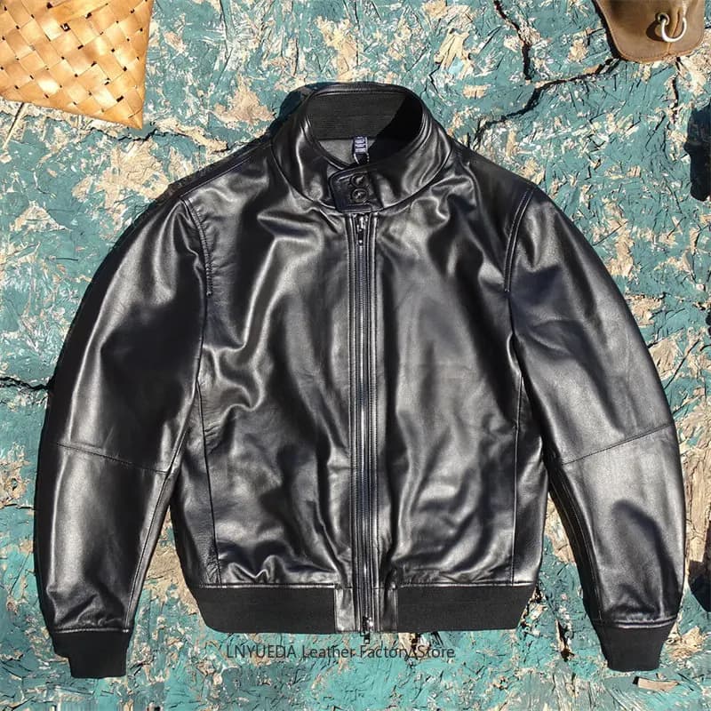 Giacca Corta da Uomo in Vera Pelle di Pecora Italiana Importata, Stile Harrington Biker Senza Tasche con Risvolto
