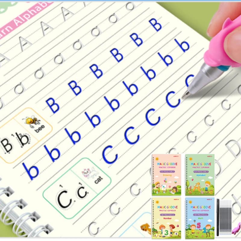 4 Books/set(free 1 Pen+10 Refills+1 Pen Holder) Full English Children's Hard Pen Groove Copybook Calligraphy Practice Magic Book