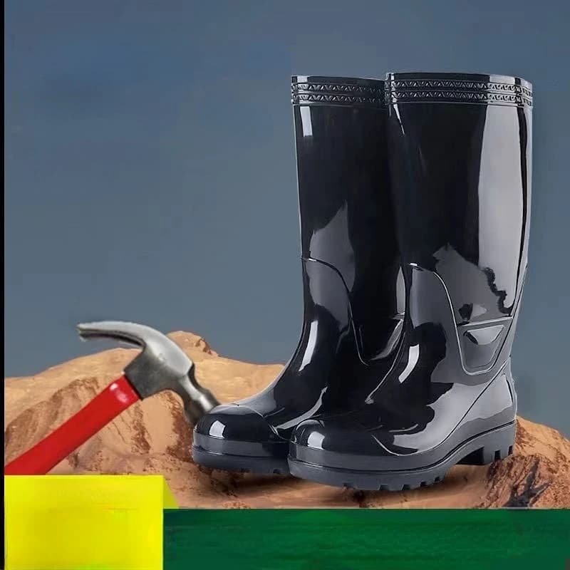 Scarpe da pioggia a tamburo alto anti-sfondamento con testa in acciaio Stivali da pioggia protettivi con piastra in acciaio da uomo Scarpe da acqua alte nere Scarpe di gomma
