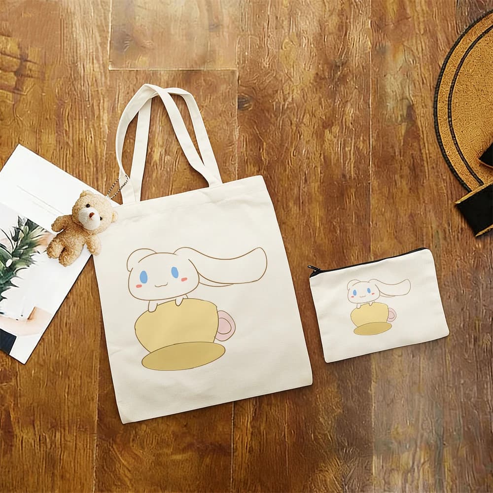 Kawaii Cinnamoroll Printed Canvas Tote Bag 3Pcs Large Capacity Student Casual Shoulder Bag Anime Gift Handbag