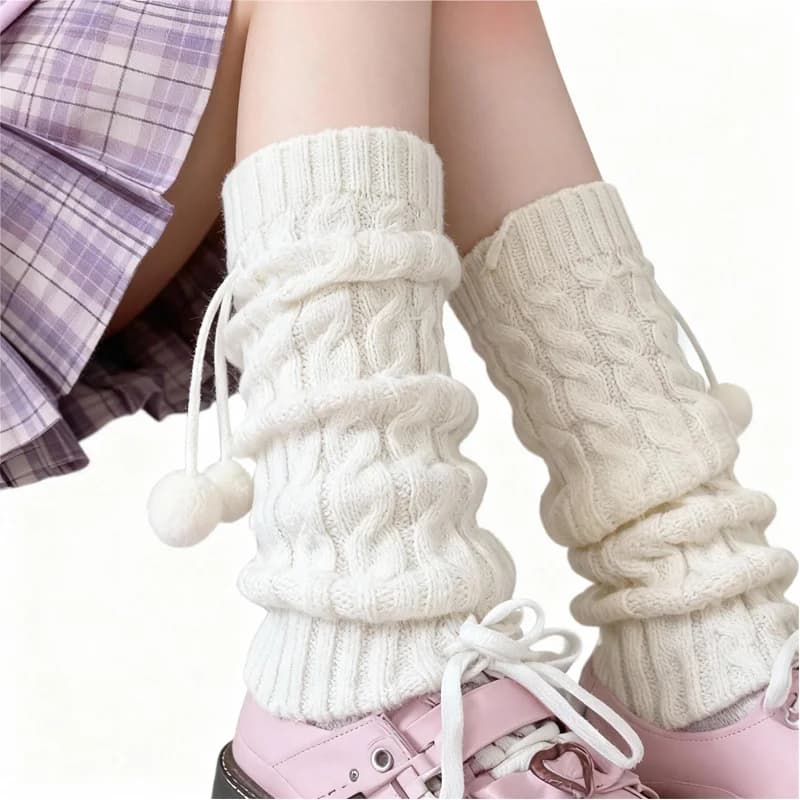 Kawaii 2-piece scales with pompon, socks for braided knit boots for layering with skirts and sneakers, cute fashion accessory 22 cm