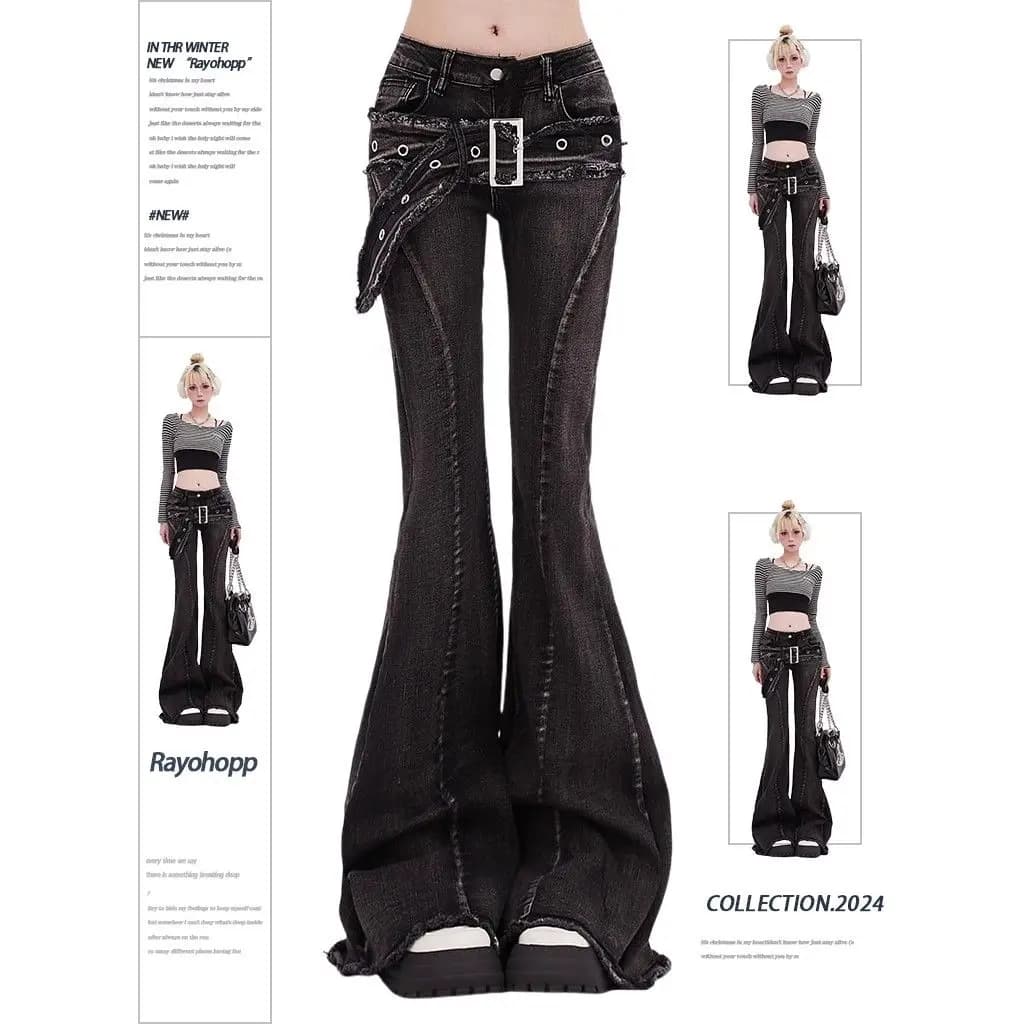 Jeans micro-flare slim vintage da donna Ins Pantaloni Y2K con bordo della cintura con giunture alla moda Pantaloni da strada americani dritti a vita alta