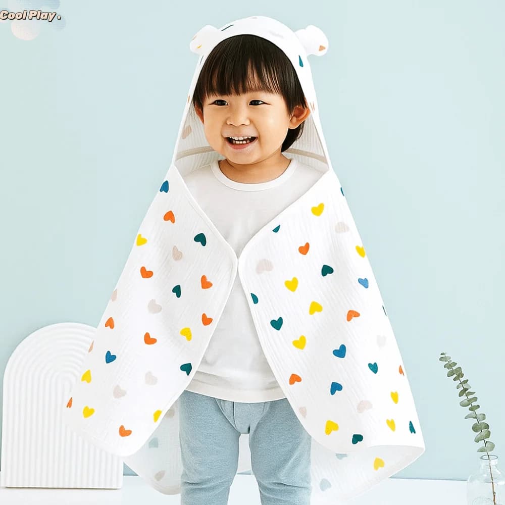 Warm cartoon printed children's gauze bath towel soft and comfortable bathrobe with four-layer absorbent cap animated cardboard towel