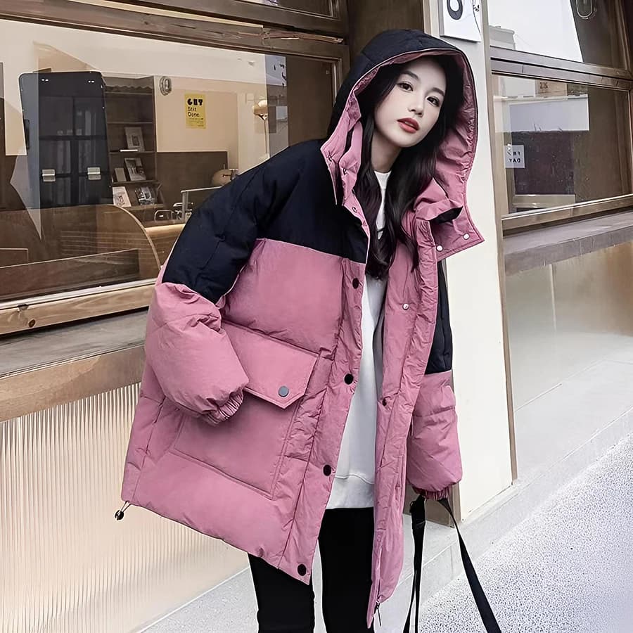 Women's Hooded down Jacket Color Block Bread Style Loose Fit Winter Coat Korean Style Straight Cut Cotton Padded Vest