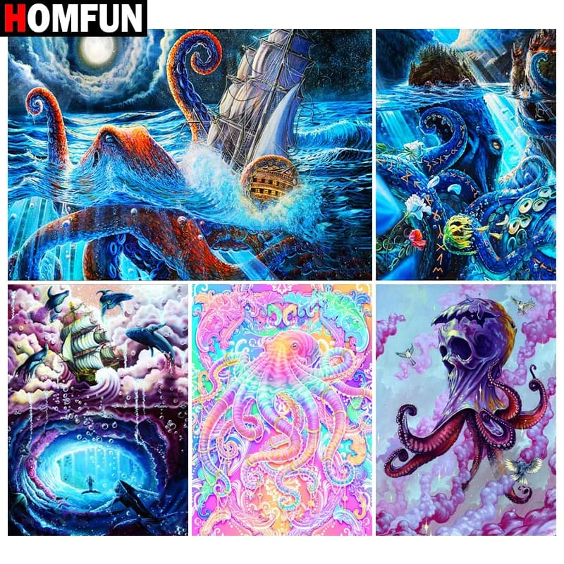 HOMFUN Diamond Painting Full Square/Round Diamond "Animals Octopussy" Pattern Embroidery Cross Stitch 5D Rhinestone Painting