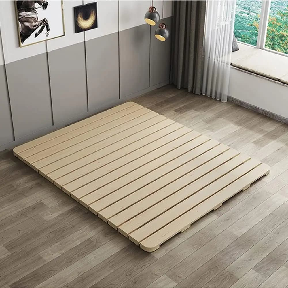 Queen Size Foldable Low Profile Floor Bed Base, Breathable Roll-Up Wooden Slat Support Frame Designed for Japanese Futon Mattress, Portable Sleep Bedding Foundation for Bedroom Use