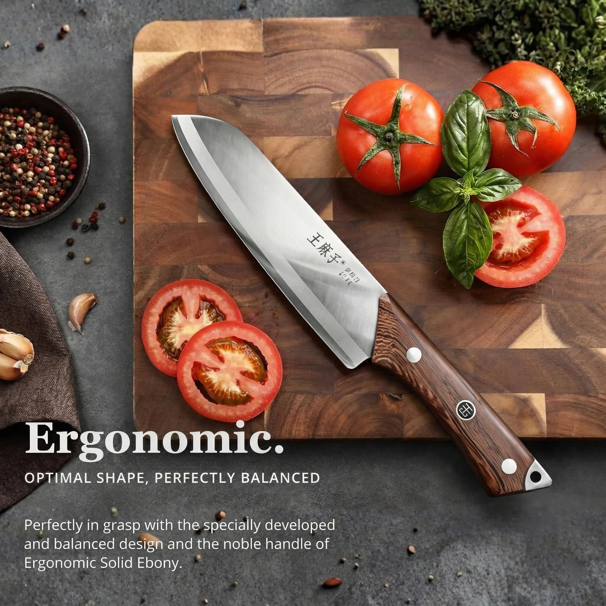 Nuovo coltello da chef Wangmazi Premium da 7 pollici - Coltello da cucina di alta gamma con manico in ebano massiccio, acciaio inossidabile ad alto tenore di carbonio per chef
