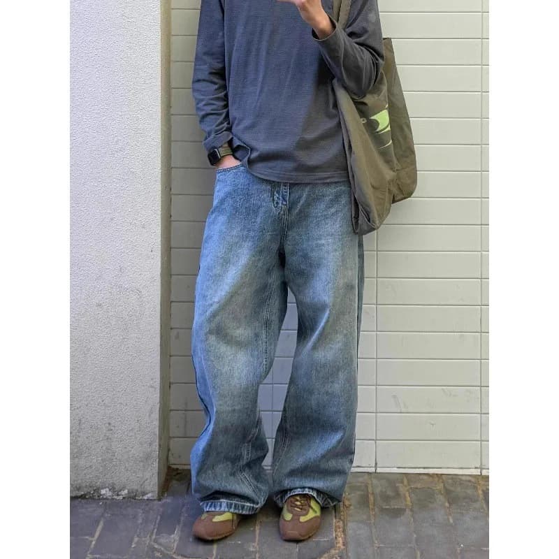 American Retro Cleanfit Blue Straight Leg Jeans Men Loose Wide Leg Drape Casual Long Pants Washed Effect Comfortable Fit