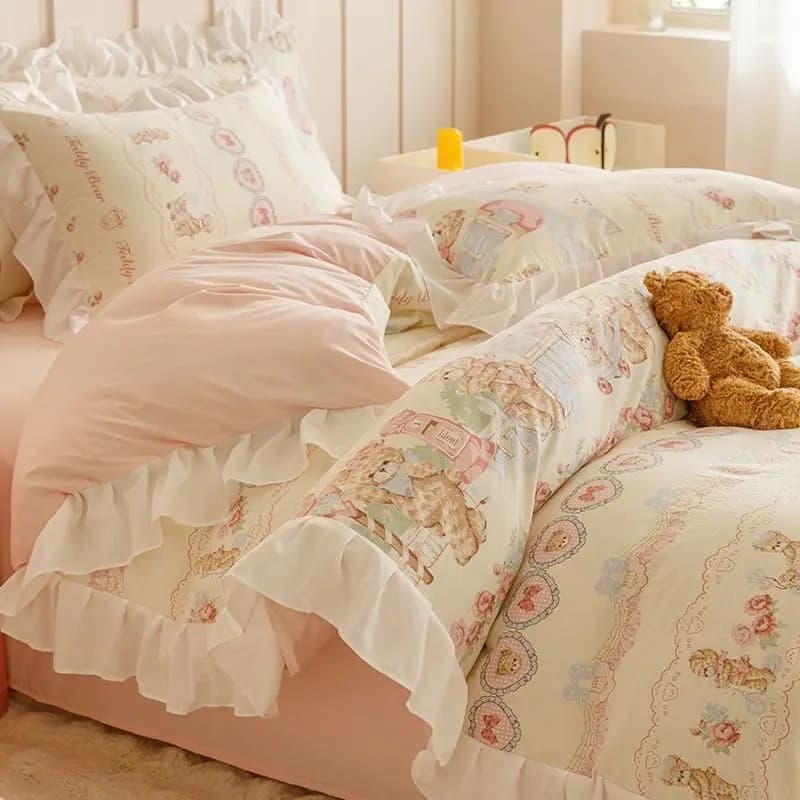 Set di Biancheria da Letto Estetica Lolita con Orsetti, Lenzuolo con Angoli e Copripiumino con Bordo in Pizzo, 3/4 Pezzi, Non in Cotone