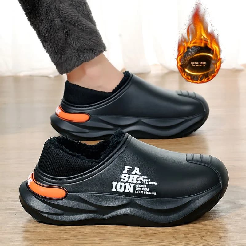 Men's Winter Thickened Fleece Lined Slip Resistant Cotton Slippers Driving Waterproof Casual Slip on Shoes Large Size