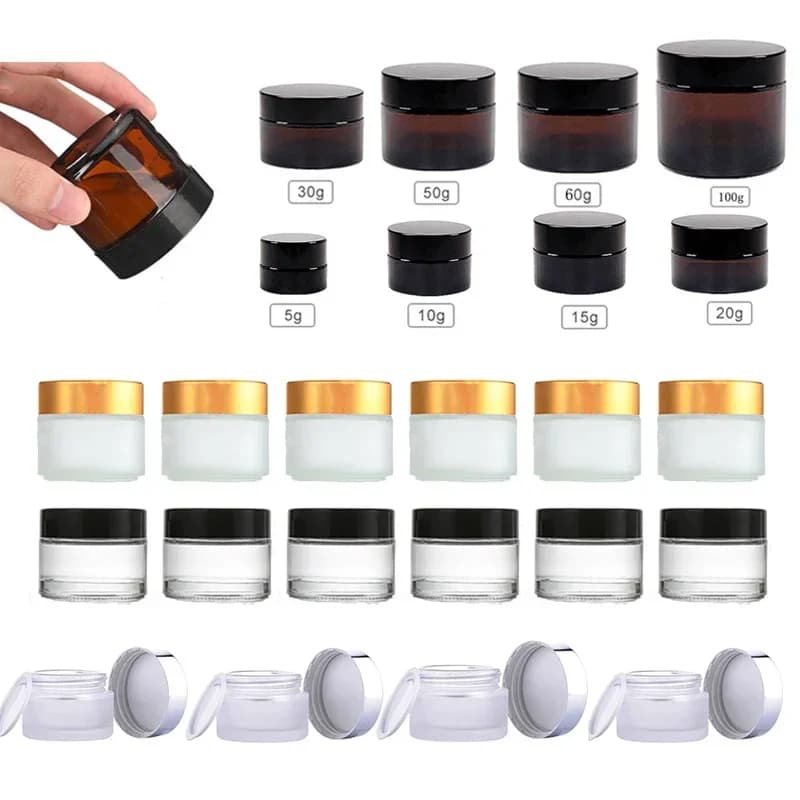 5g/10g/20g/30g/50g amber round glass vases with inner linings and fial covers for lip balm lotion cream nail dust shading