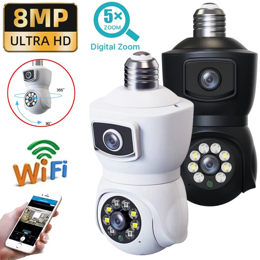 Telecamera WiFi con lampadina E27 da 8 MP Doppia lente Doppio schermo Monitoraggio automatico Telecamera audio bidirezionale Telecamera di sorveglianza di sicurezza per visione notturna a colori