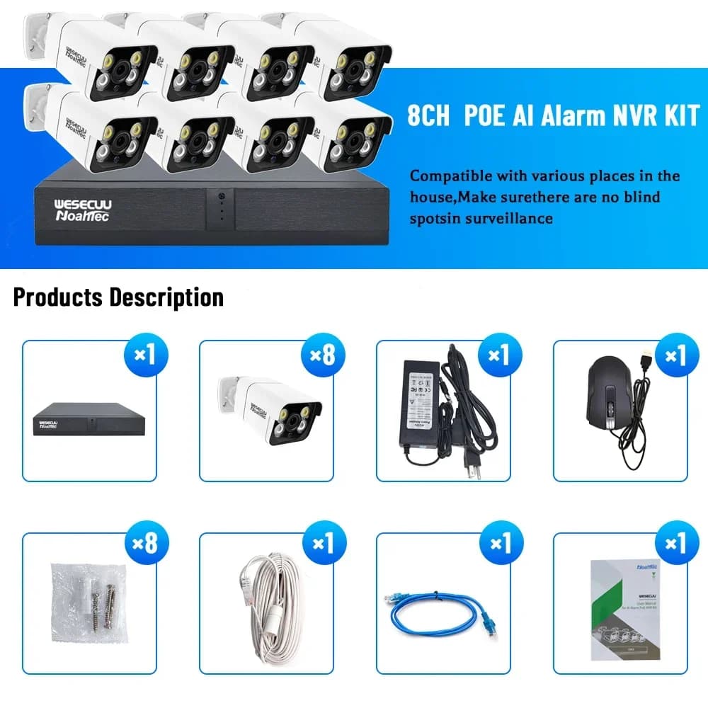 Kit Sistema di Videosorveglianza CCTV con Telecamere IP PoE AI HD 4K 5MP 8MP a 4, 8, 16 Canali per Esterni e Interni con NVR del Produttore