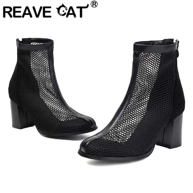 REAVE CAT Brand Summer Ankle Boots Round Toe Block Heels 6.5cm Zipper Breathable Mesh Large Size 44 45 46 Leisure Daily Shoes