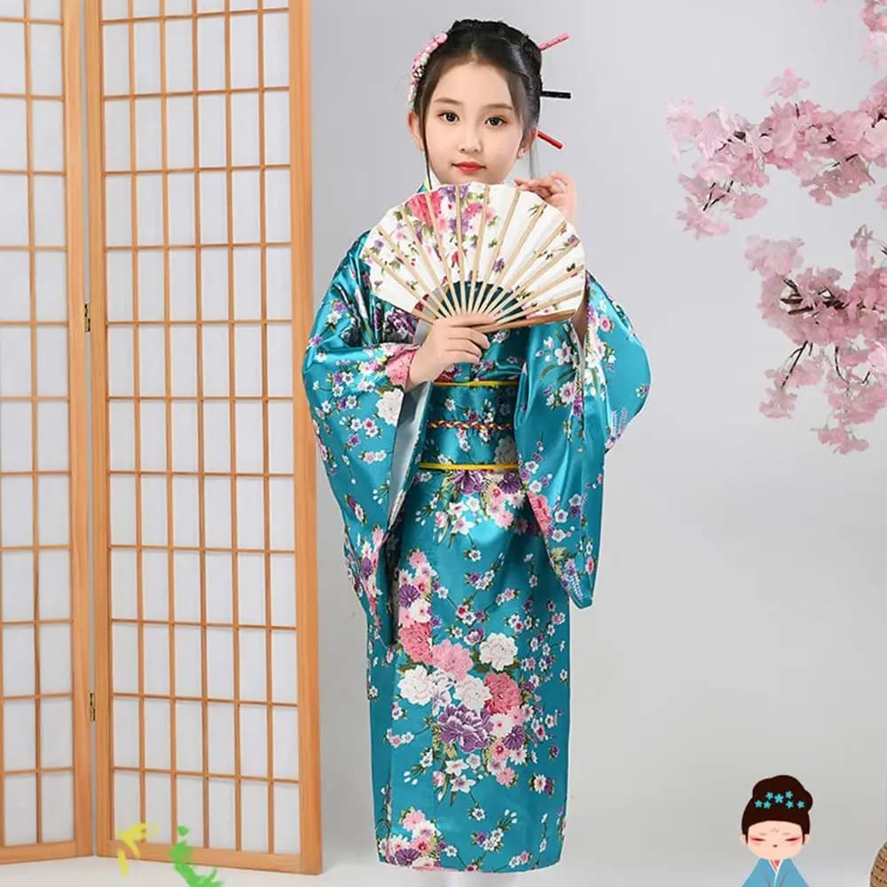 Japanese Kimono Bathrobe for Children with Obi, Pattern Cherry Flowers, Cosplay Costume Japanese Style Yukata for Boys and Girls