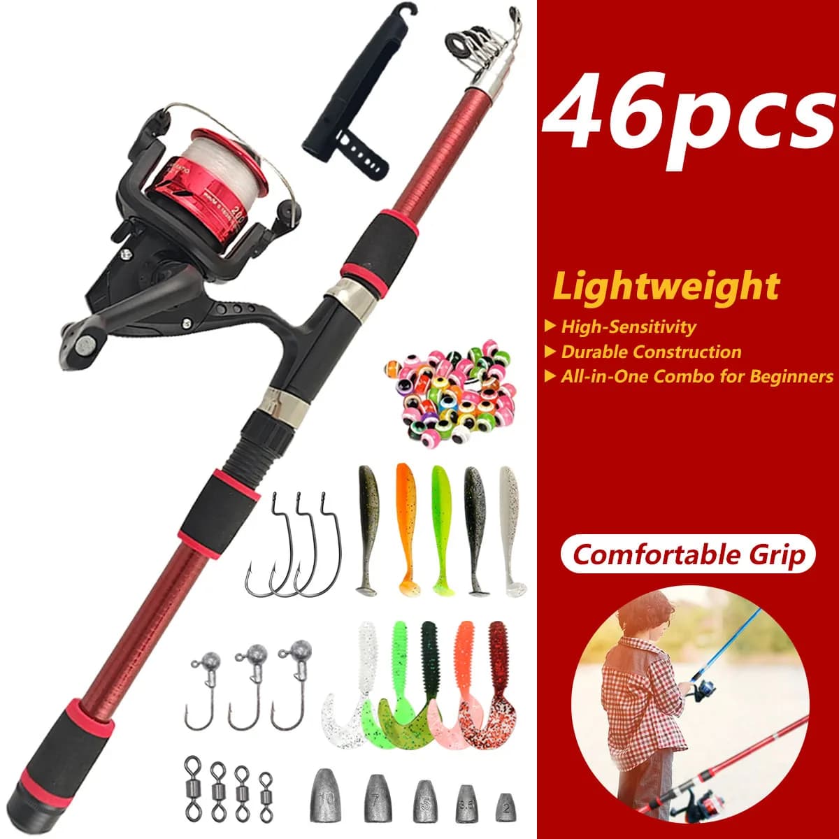 46Pcs Telescopic Fishing Rod Reel Combo, Portable Full Tackle Kit for Beginners Kids Freshwater Saltwater