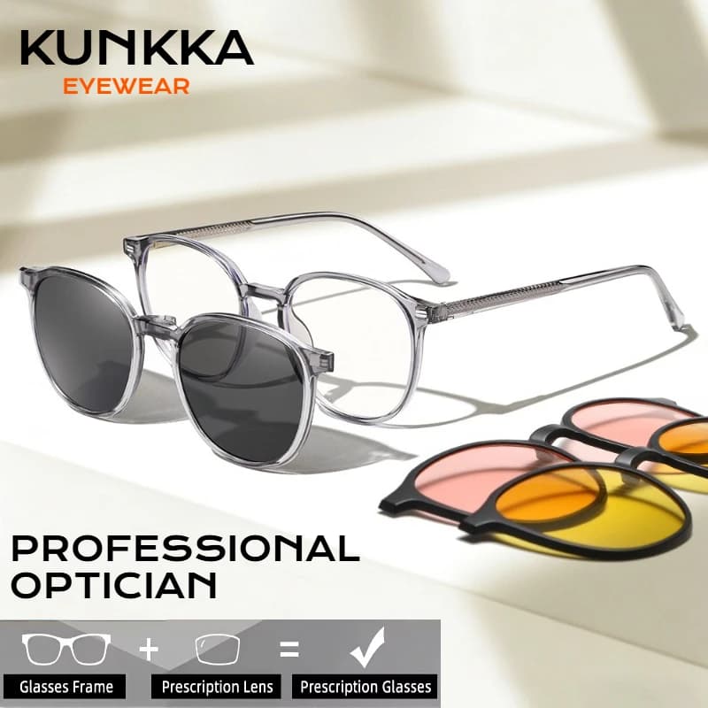 KUNKKA Retro Round Prescription Glasses Men Women Magnetic Clip Polarized Sunglasses Anti-Blue Light Myopia Hyperopia Eyewear