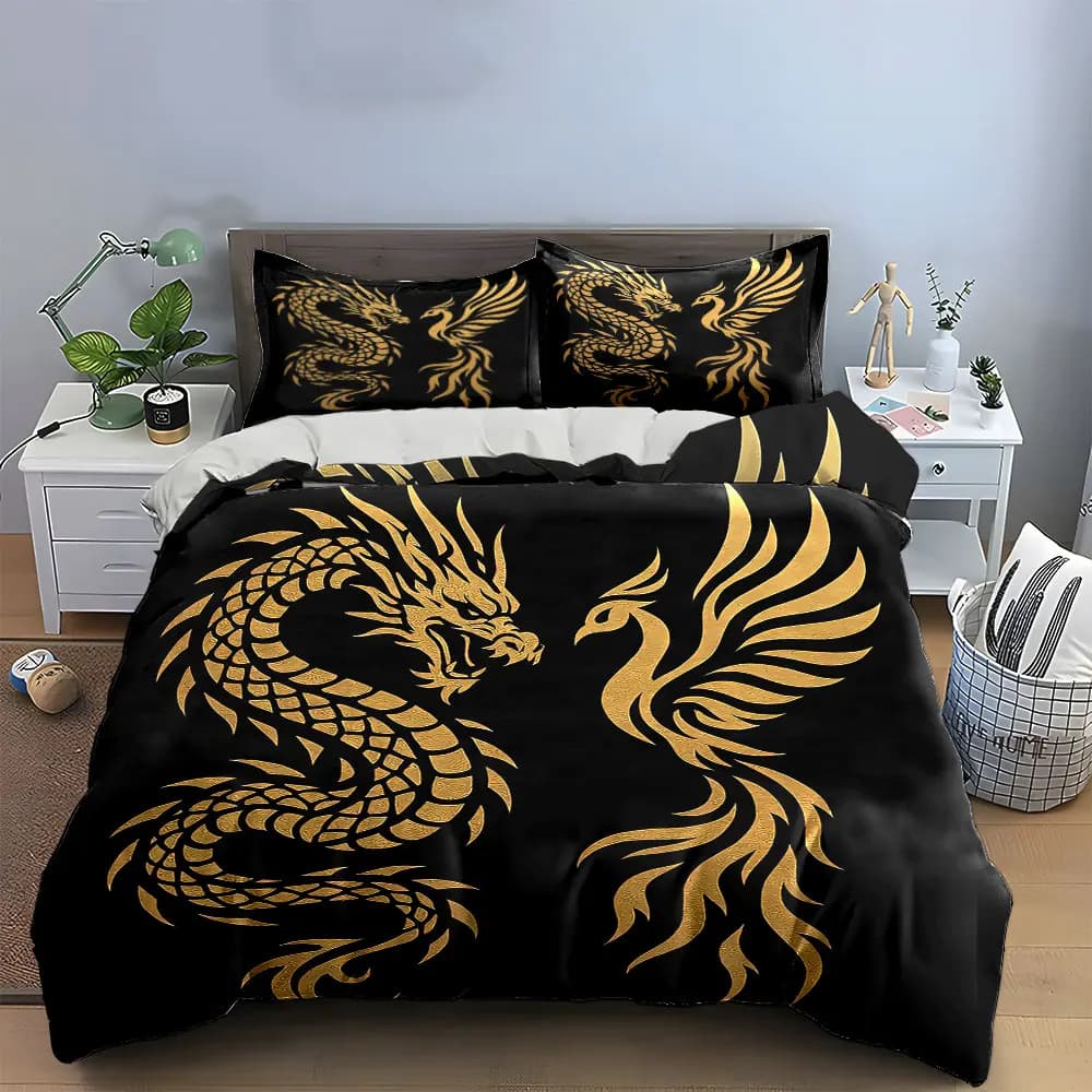 "Dragon Phoenix Art Decor Set" Bedding Set with 1 Duvet Cover 2 Pillowcases Single Double King Queen, Gift