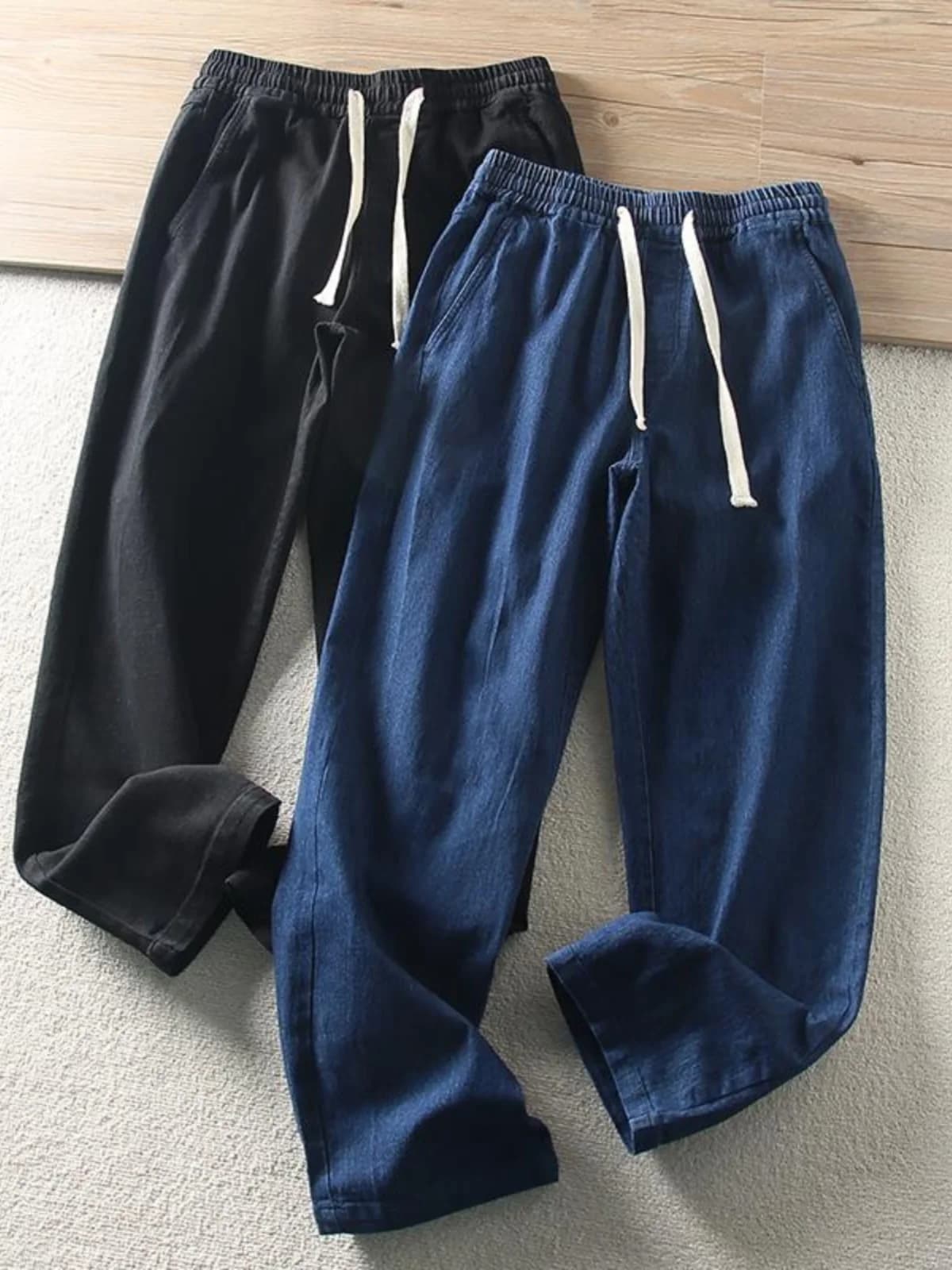 Jeans Primaverili Autunnali a Tinta Unita con Coulisse, Pantaloni Casual da Uomo a Gamba Dritta, Vita Elastica, Gamba Larga, Lunghi