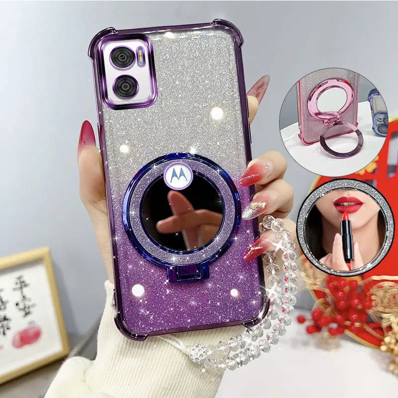 Glitter Four-Corner Shockproof Phone Case with Mirror Stand Beaded Strap For Moto E22 E22i E 22 22i Back Cover Case
