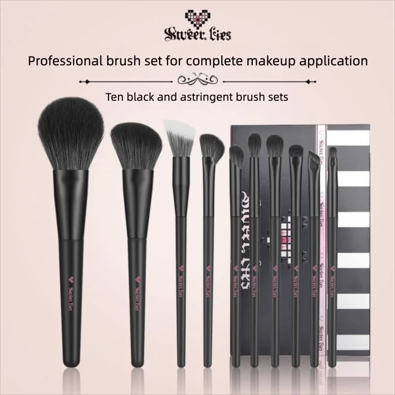 Set di 10 Pennelli per Trucco Sweet Lie, Pennelli Morbidi per Ombretto, Sfumatura, Illuminazione Sotto gli Occhi, Eyeliner, Pennello a Forma di Lama