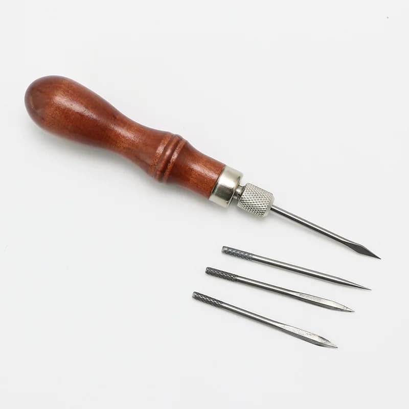Kit da cucito 4 in 1 per lavorazione della pelle Punteruolo con manico in legno fai-da-te per cuciture su tela in pelle Strumenti per punteruolo antigraffio con ago per cucire