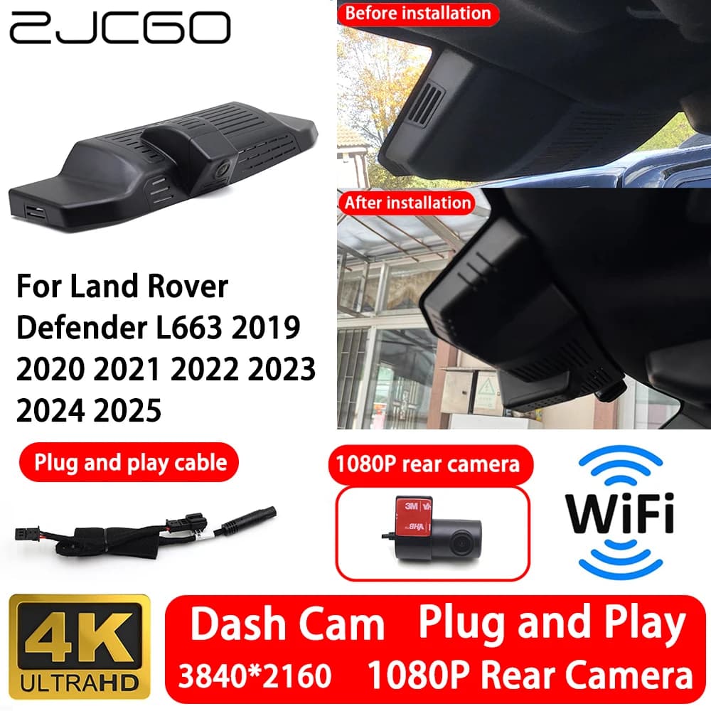 Front Camera and Rear 4K 2160P for Land Rover Defender L663 2019-2025, Dash Cam WiFi Plug and Play, Video Recorder with Loop Registration