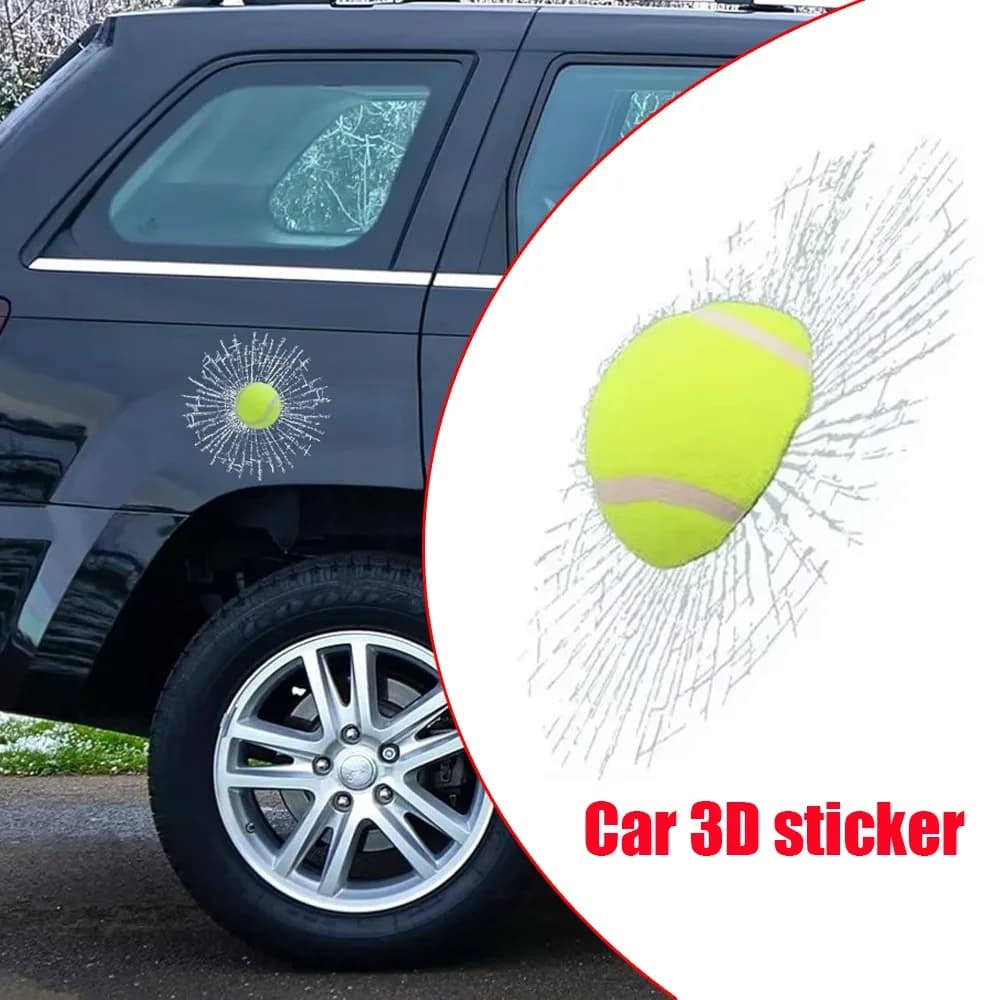 Creativo Interessante 3D Baseball Palla da tennis che rompe adesivi per finestre per auto Adesivo realistico per finestre in vetro rotto Scherzo Scherzo Decal