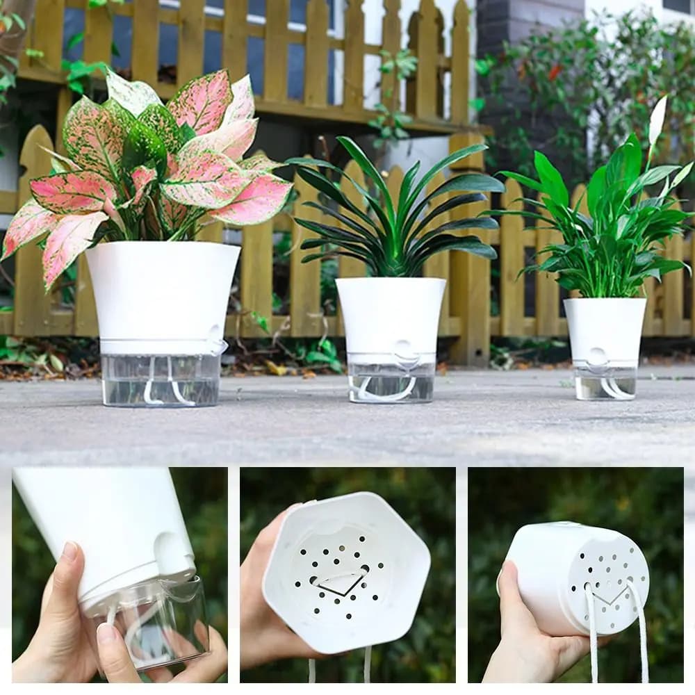 Transparent Double Layer Plastic Flower Pot Self Watering Flowerpot Cotton Rope Watering Small Plant Pot with Injection Port