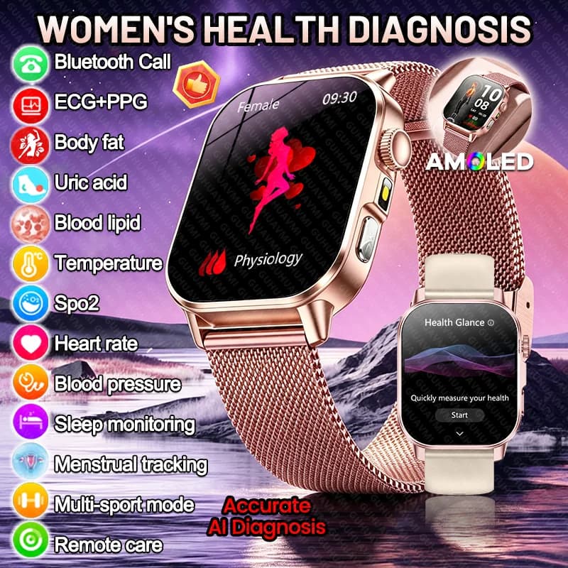 New ECG+PPG Blood pressure Diagnosis Smart Watch Women Blood Lipid Uric Acid Bracelet Women Menstrual Body Health Tracker Watch