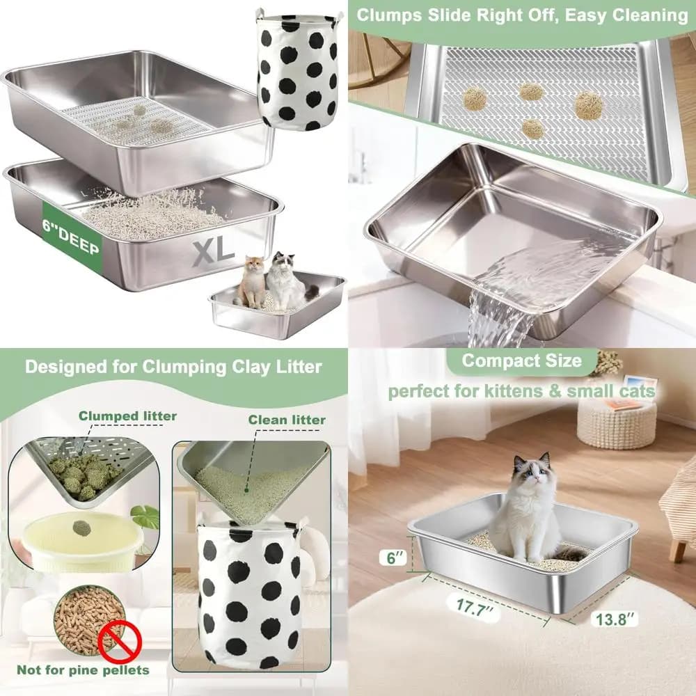 Extra large metal cat litter with agglomerating litter in clay and bag holders, easy to clean, 20L x 13.8W x 6H
