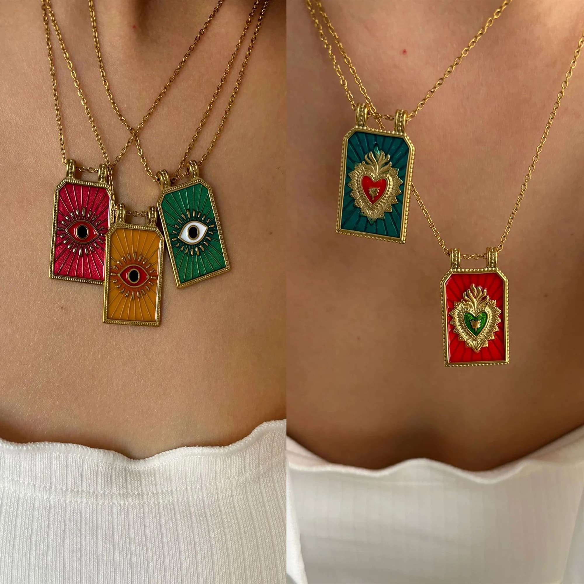 GHIDBK Bohemian Vintage 18K Placcato Oro Smalto Cuore Occhio Tarocchi Collana con ciondolo quadrato per le donne Gioielli di moda impermeabili