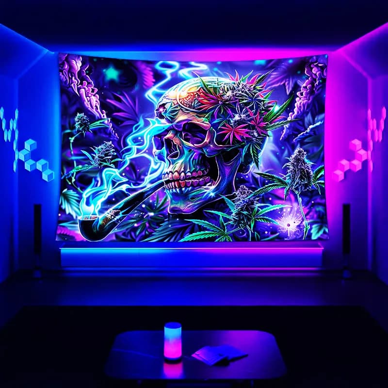 VIKAMA Psychedelic Skull Tapestry Neon Smoke Effects Music Party Room Theme Trendy Guesthouse Hipster Living Room Decor