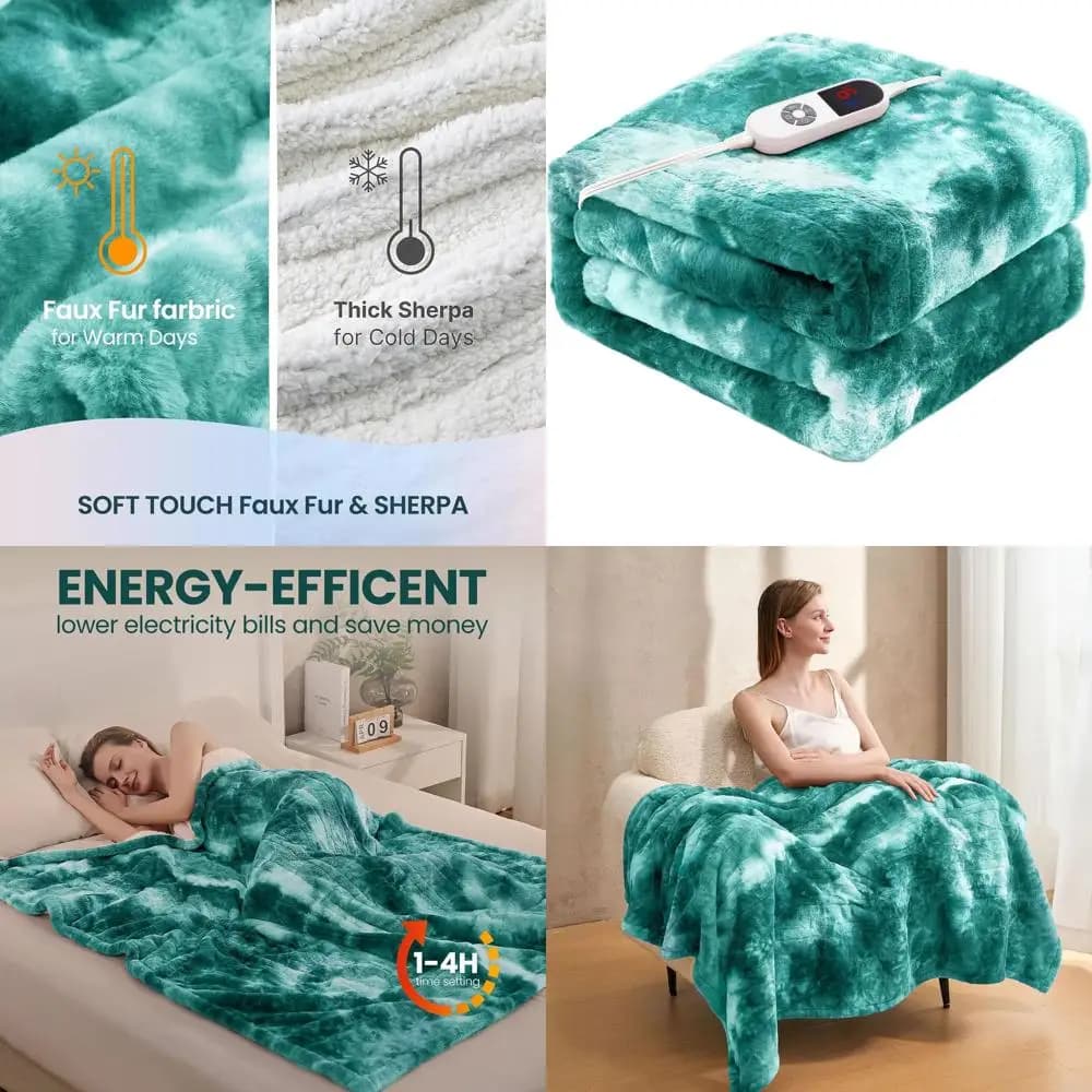 Coperta elettrica verde di lusso di dimensioni doppie con pelliccia di coniglio finta 62x84, 6 livelli di riscaldamento e spegnimento automatico 12 ore