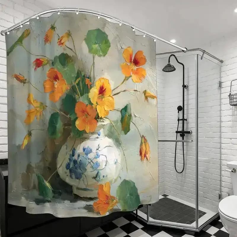 Impasto Floral Shower Curtain – Nasturtium in Blue-White Vase, Oil-Paint Texture, 12 Hooks, 70.87×70.87" Waterproof Art Decor