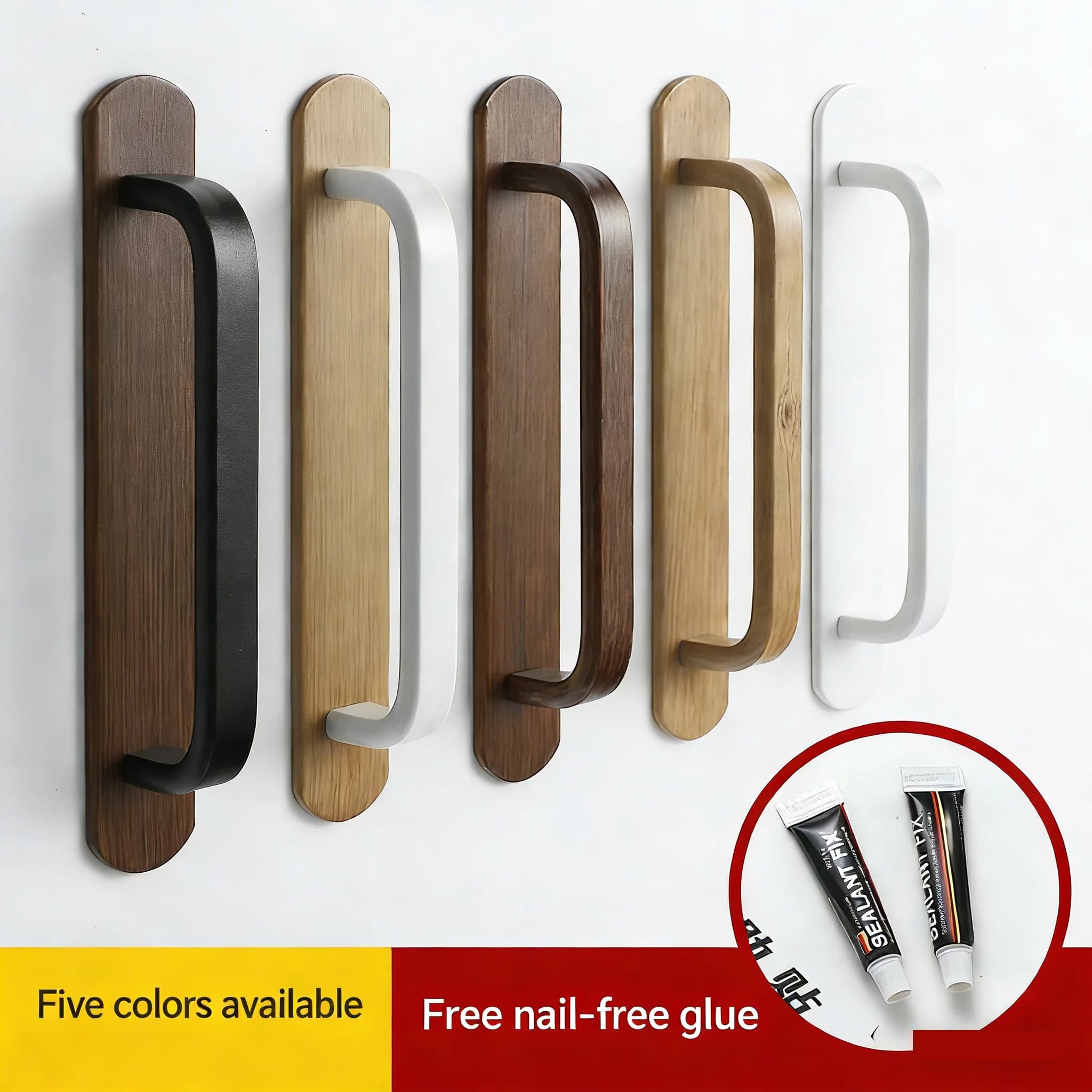 2 Pezzi Maniglia Adesiva Senza Foratura Effetto Legno di Pesco, Pomello per Armadio, Maniglia a Tirare Senza Foratura per Porte in Legno e Vetro, Armadietti