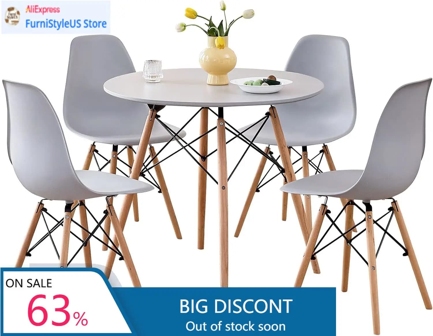 Set da Pranzo Rotondo 5 Pezzi, Tavolo da Cucina Piccolo 80 cm con 4 Sedie Salvaspazio, Sedute in Plastica, Gambe in Legno Massello