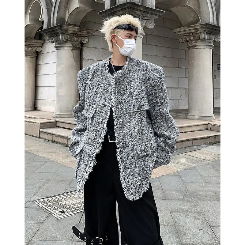 Giacca in Lana Grigia con Spalline, Stile Corto Senza Colletto per Uomo, Casual di Alta Gamma, Alla Moda, Giovanile Urbano, Cappotto Invernale