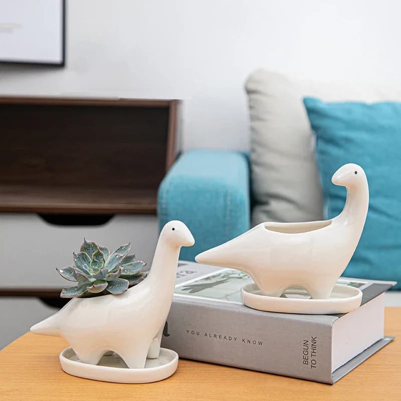 Dinosaur ceramic flower pots, with container tray for succulent planter, table figurine, home garden decoration Brachiosaurus