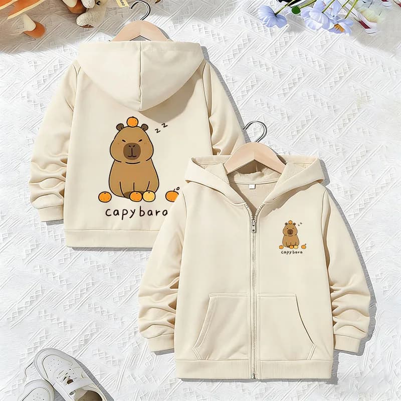 Felpe con cappuccio casual con zip a tema cartoni animati, giacca con capibara adorabile per ragazzi e ragazze, felpe trendy con cerniera per primavera e autunno