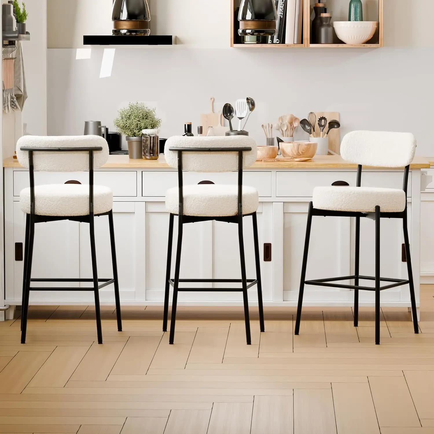 Bar Stools Set of 3, White 28" Counter Height Bar Stools with Curved Back, Boucle Barstools with Metal Leg,, Customized